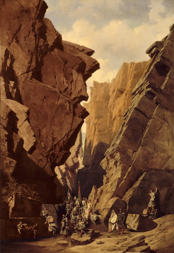 Army passing through the cliffs by Adrien Dauzats